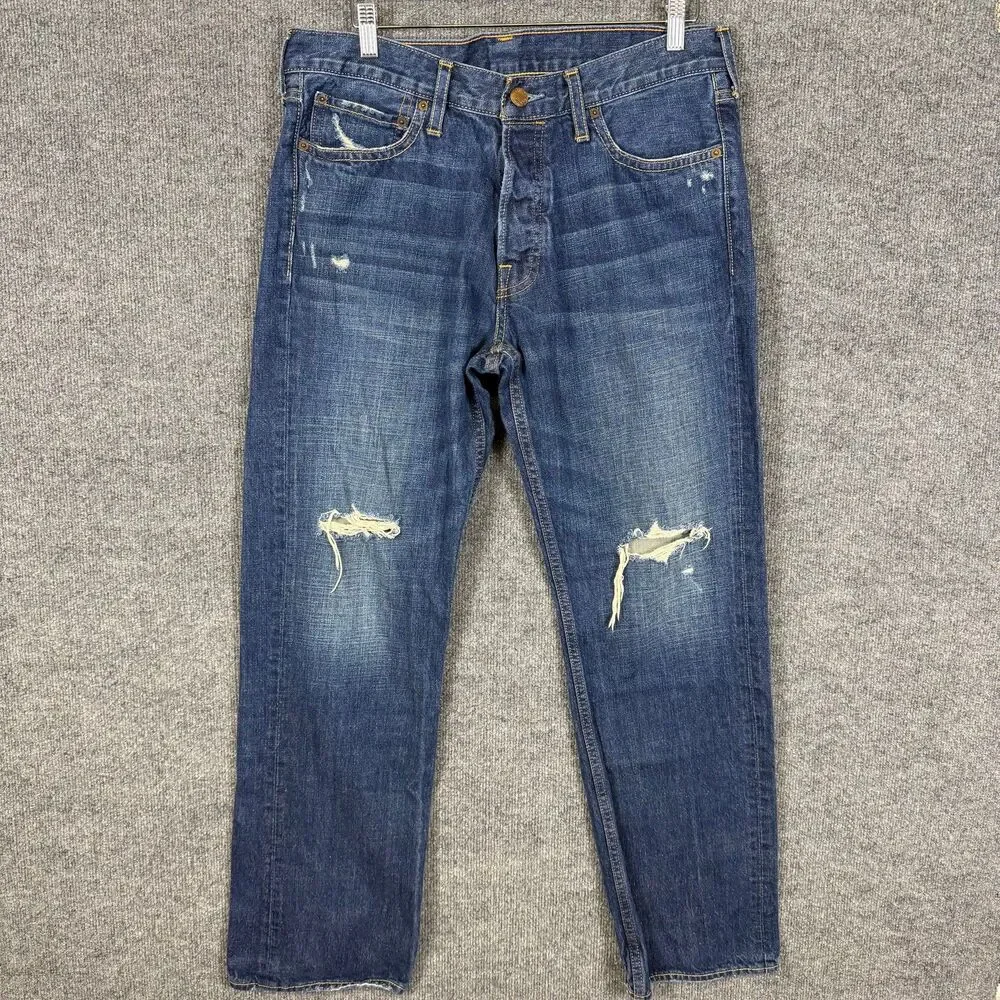 Hollister Mens Balboa Classic Straight Jeans 34x32 Distressed Ripped Button Fly